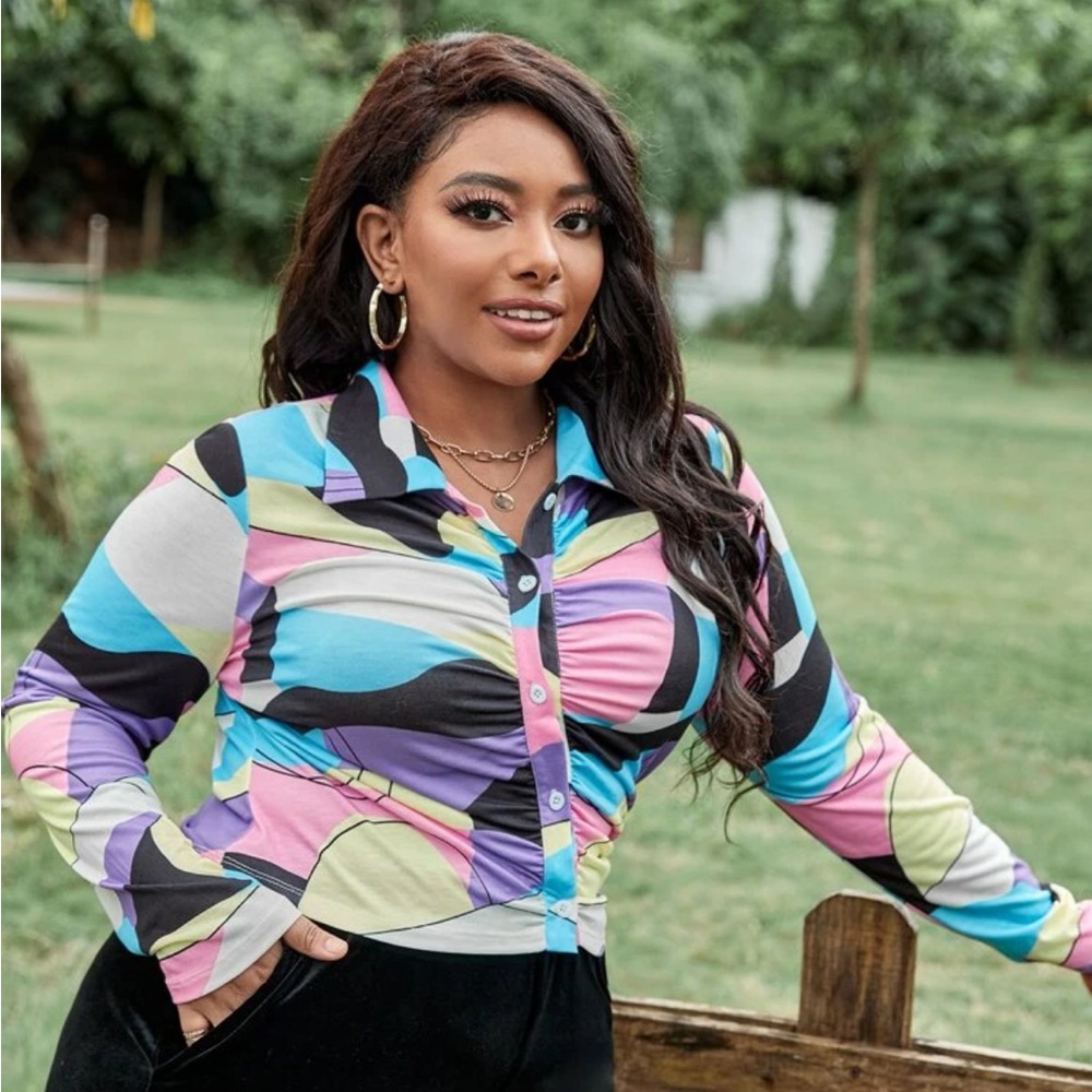 Plus Color Block Button Up Shirt